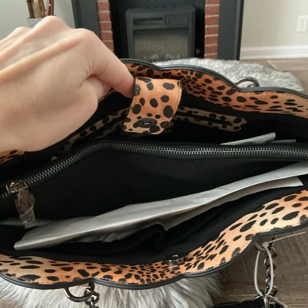 Betsy Johnson On the Prowl Leopard Print Tote Bag Faux Leather Chain Handles